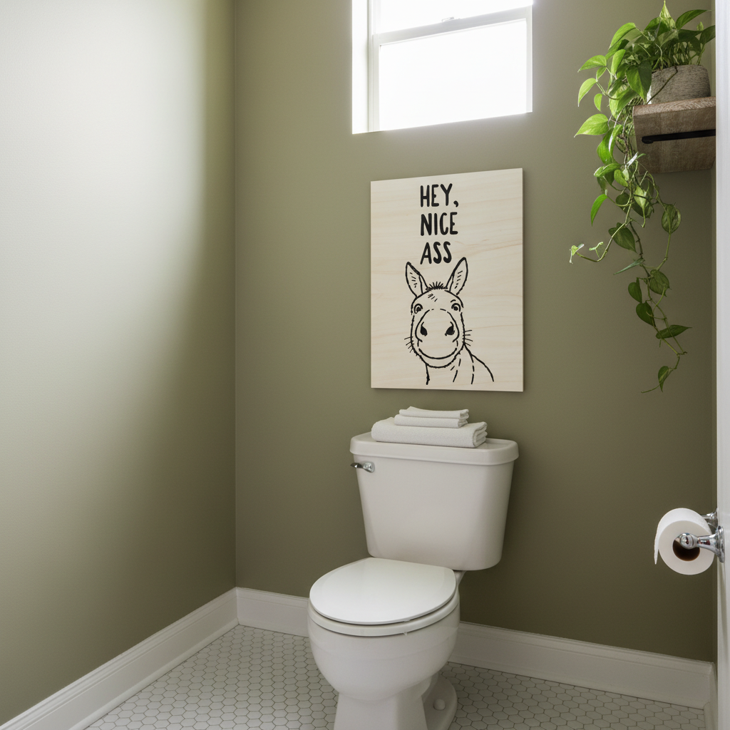 Lustiges Badezimmer Holzbild mit Spruch - Hochwertiger Holzdruck für Gäste WC - Rustikale Wanddeko aus Birkenholz - Geschenkidee für Freunde