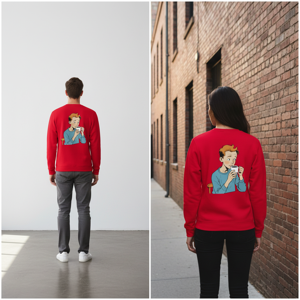Roter vintage comic pullover mit cartoon illustration eines jungen mit orangen haaren und weißer tasse
