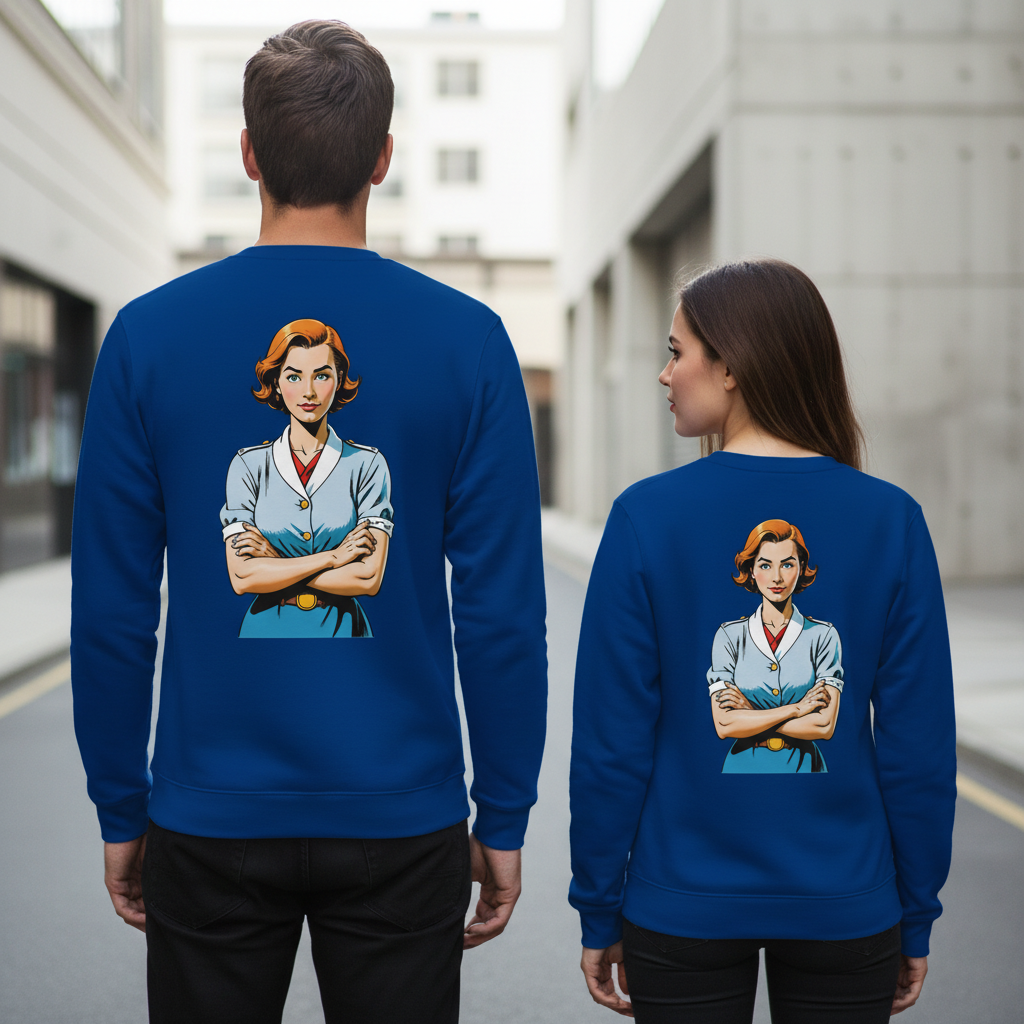 Royalblauer Vintage Comic Pullover mit Humorvoller Illustration einer Frau in hellblauer Bluse und Rock, Crewneck