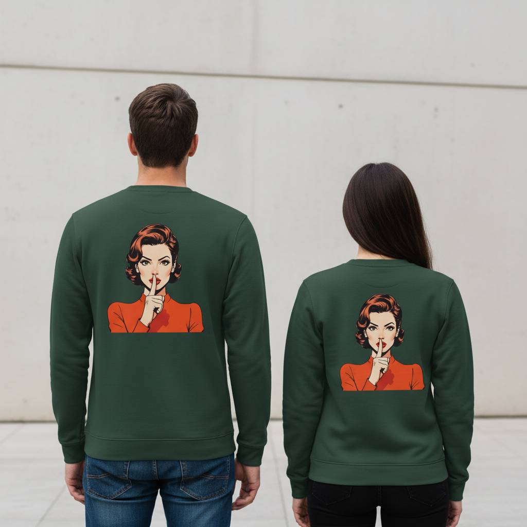 Dunkelgrüner crewneck sweatshirt mit retro-illustration einer frau in oranger bluse zum alltäglichen humorvollen stil