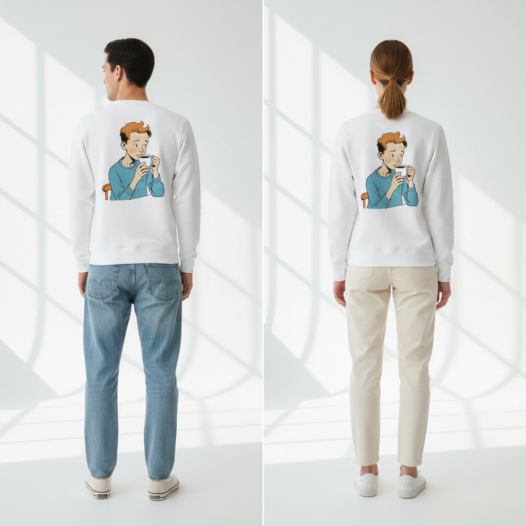 Weißer pullover mit langarm und vintage comic grafik einer person in blau mit tasse auf der rückseite vintage comic pullover für alltag und style