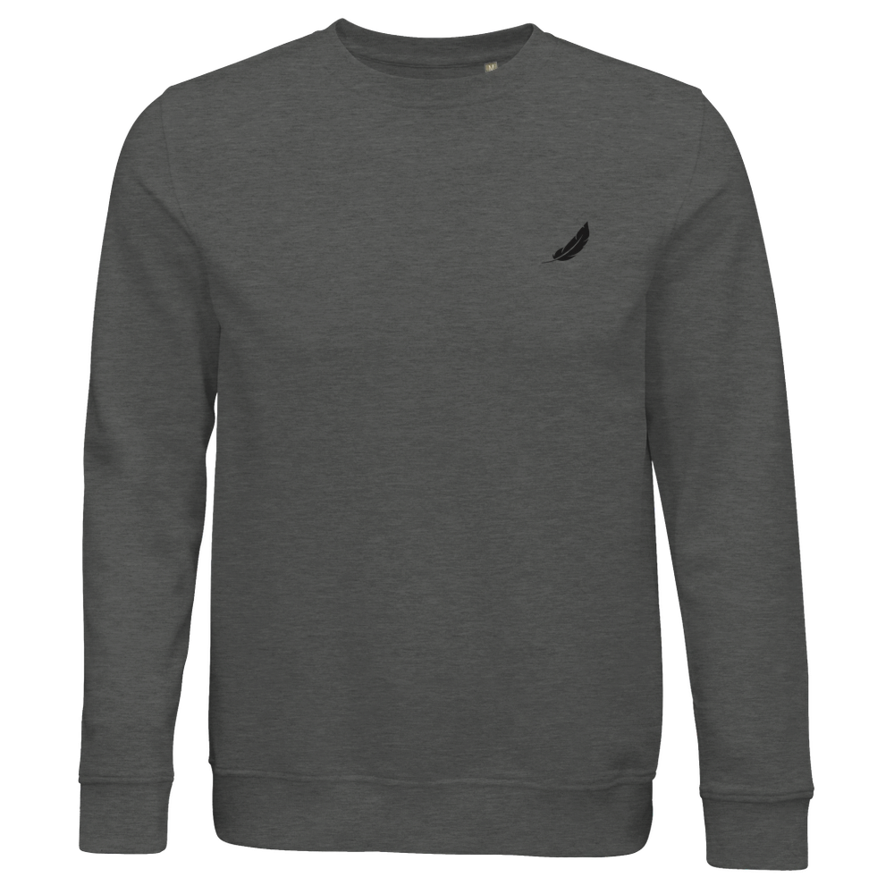Dark heather grauer vintage comic pullover mit kleinem schwarzem besticktem logo auf der linken brust für alltag und style