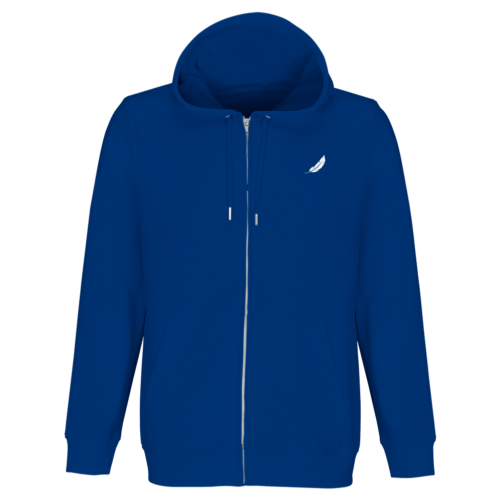 Royalblauer zip-hoodie mit weißem federn-logo und deutschem humor backprint nachhaltiger reißverschluss
