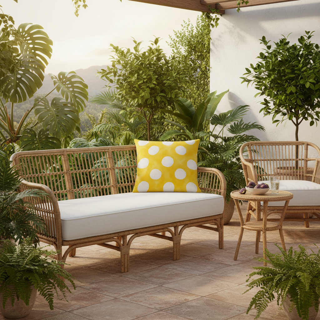 Rattan outdoor sofa mit weißem kissen und gelbem sonnblume sommermotiv dekokissen mit formstabiler füllung