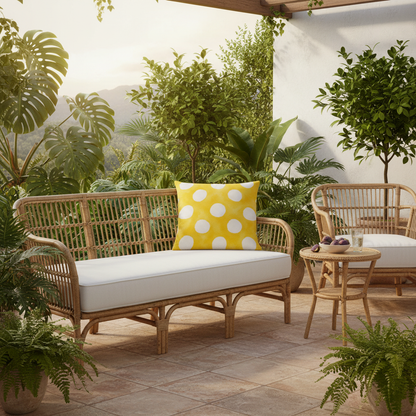 Rattan outdoor sofa mit weißem kissen und gelbem sonnblume sommermotiv dekokissen mit formstabiler füllung