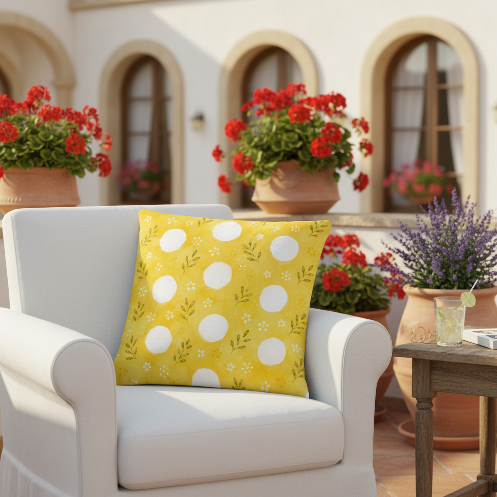 Sommermotiv kissen sonnenblume gelbes kissen mit weißen punkten und grünen blattakzenten mit formstabiler füllung