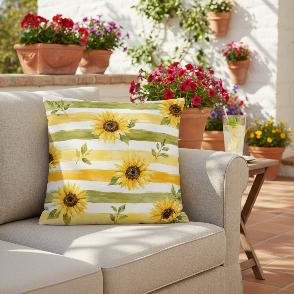 Sommermotiv kissen mit sonnenblumenmuster und gelb grünen streifen aus formstabilem material