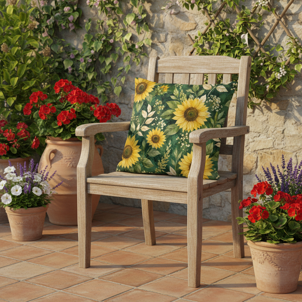 Sommermotiv kissen mit sonnenblumenmuster grün gelb außenkissen mit formstabiler füllung
