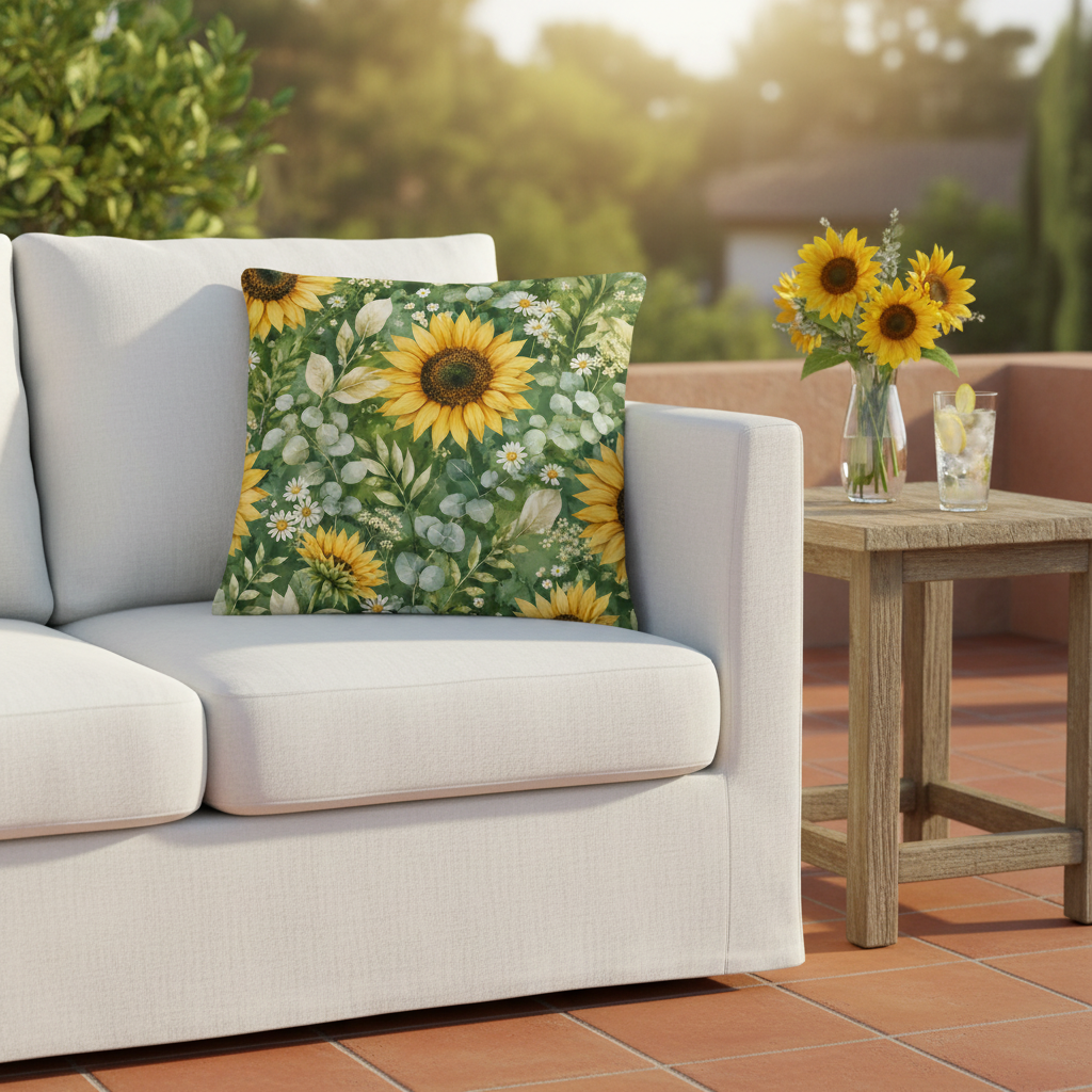 Sommermotiv kissen mit sonnenblume und grünem muster aus weichem stoff für außenbereich