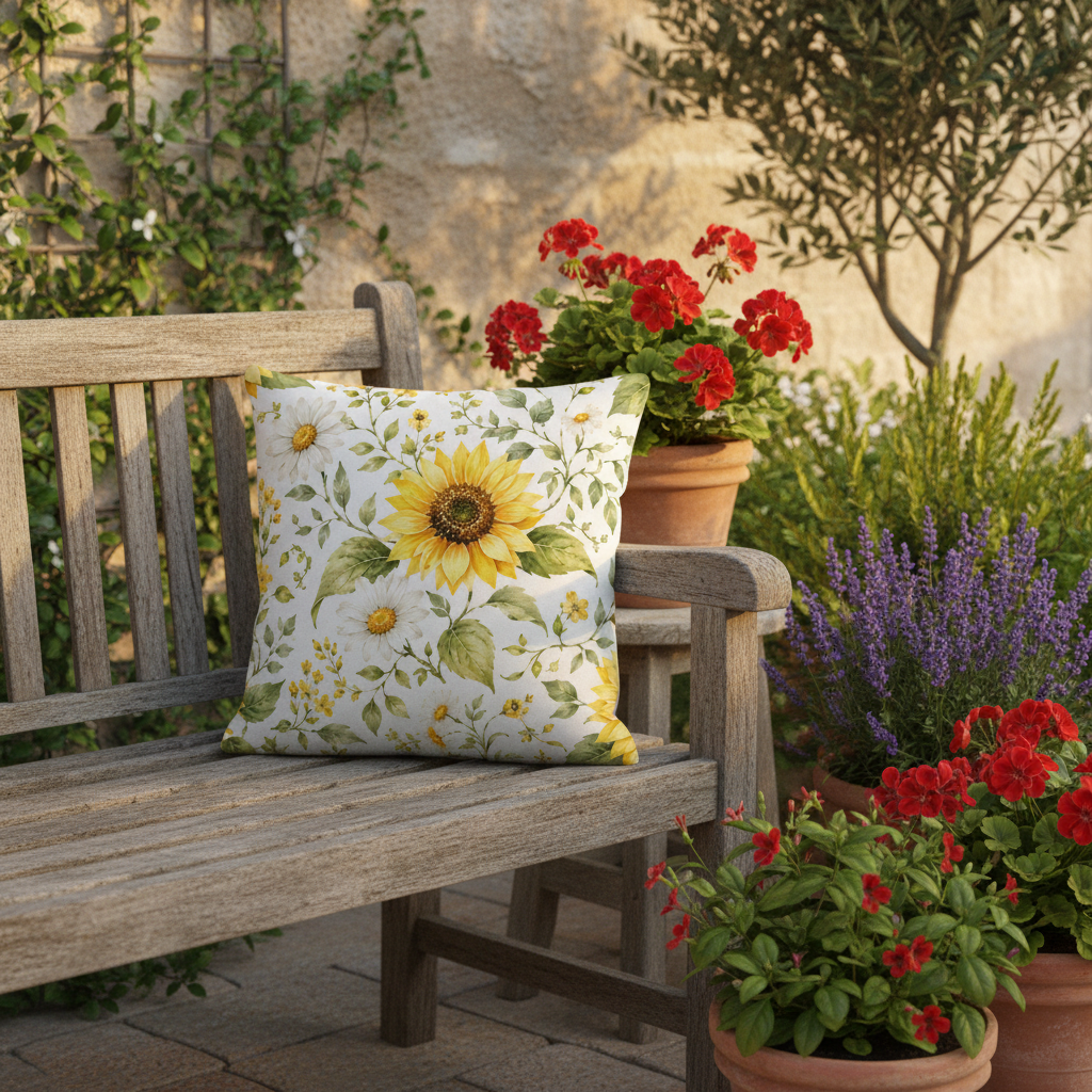 Sommermotiv kissen mit sonnenblume und grünem blättermuster auf weißem hintergrund auf holzbank