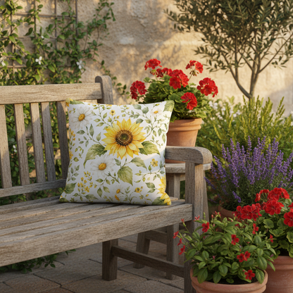 Sommermotiv kissen mit sonnenblume und grünem blättermuster auf weißem hintergrund auf holzbank