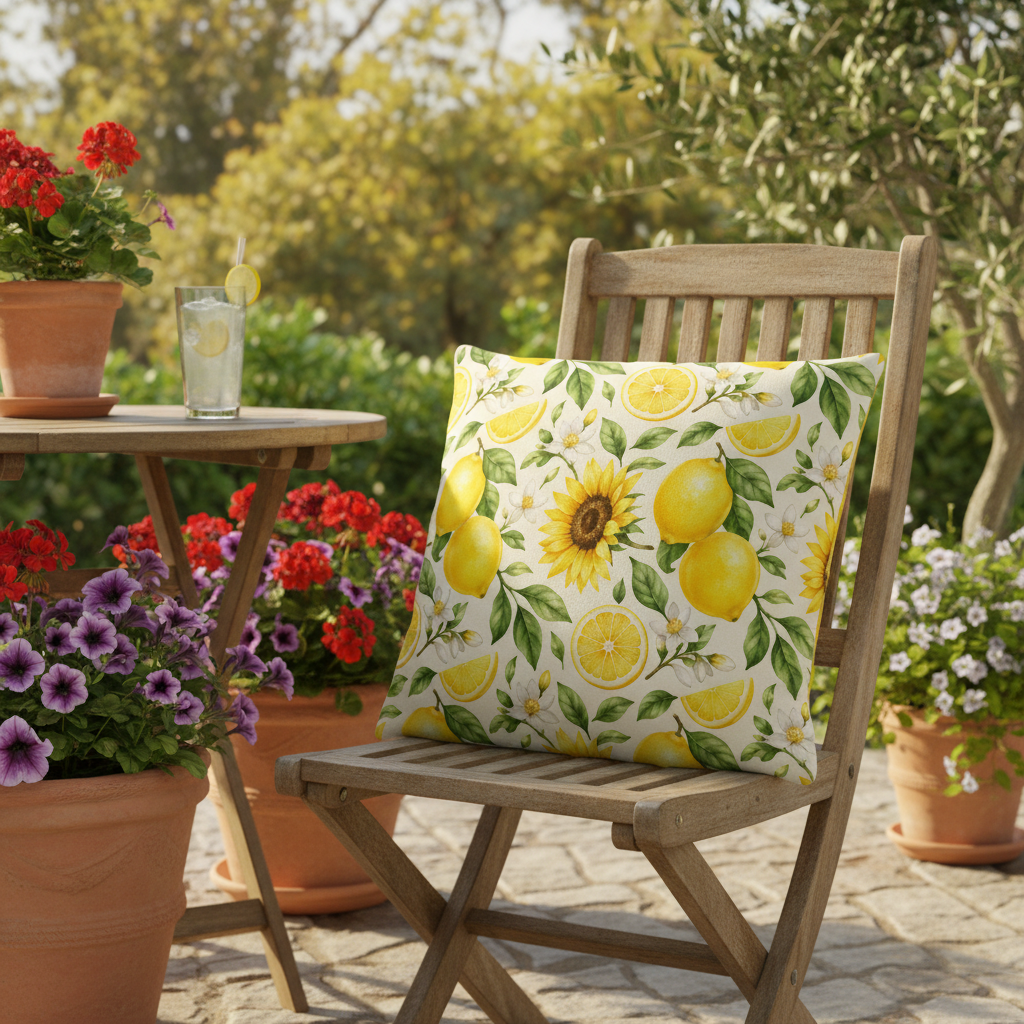 Sommermotiv kissen mit sonnenblume in weiß mit gelben zitronen, grünen blättern und goldenen sonnenblumen
