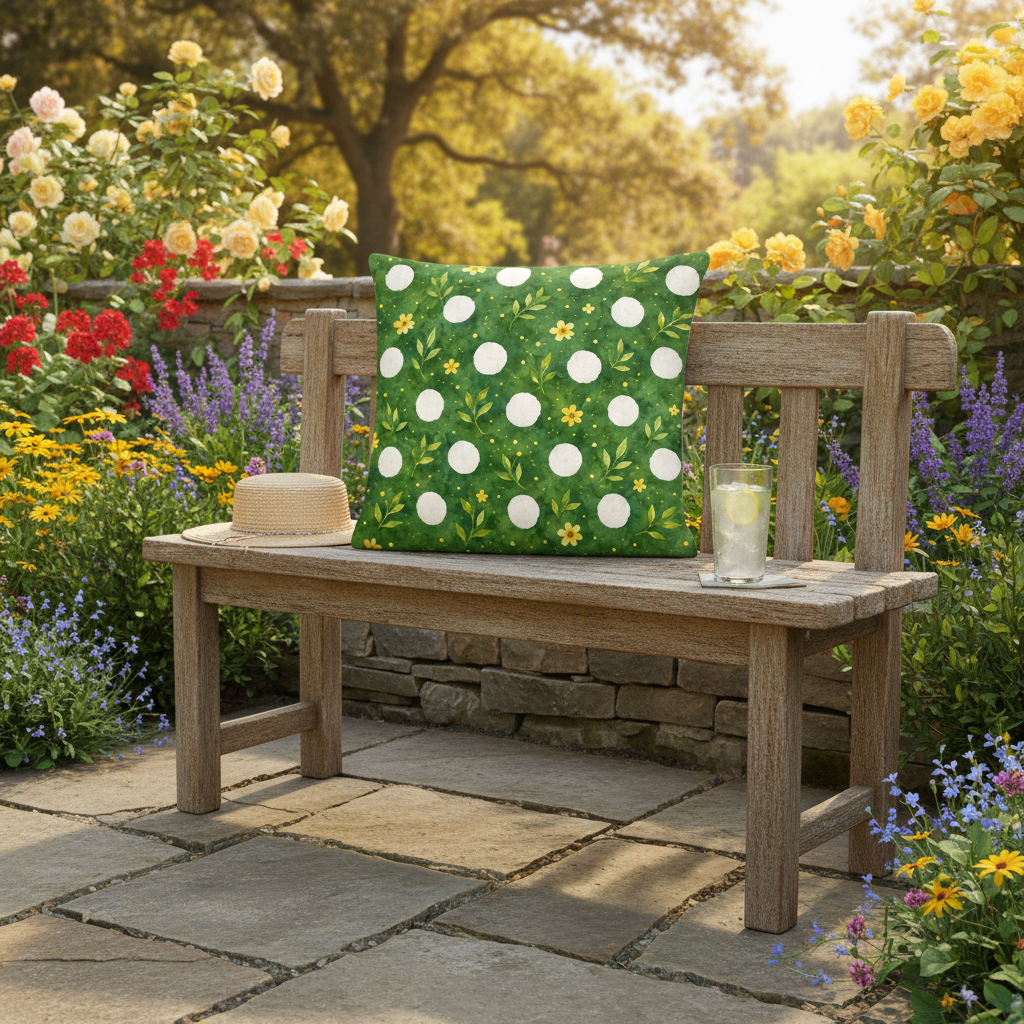 Sommermotiv kissen sonnensblume grün mit weißen punkten und gelben blumen auf holzbank im garten