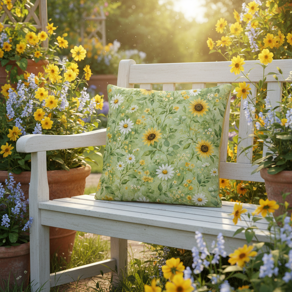 Sommermotiv kissen in hellgrün mit gelben sonnenblumen und weißen gänseblümchen mit formstabiler füllung