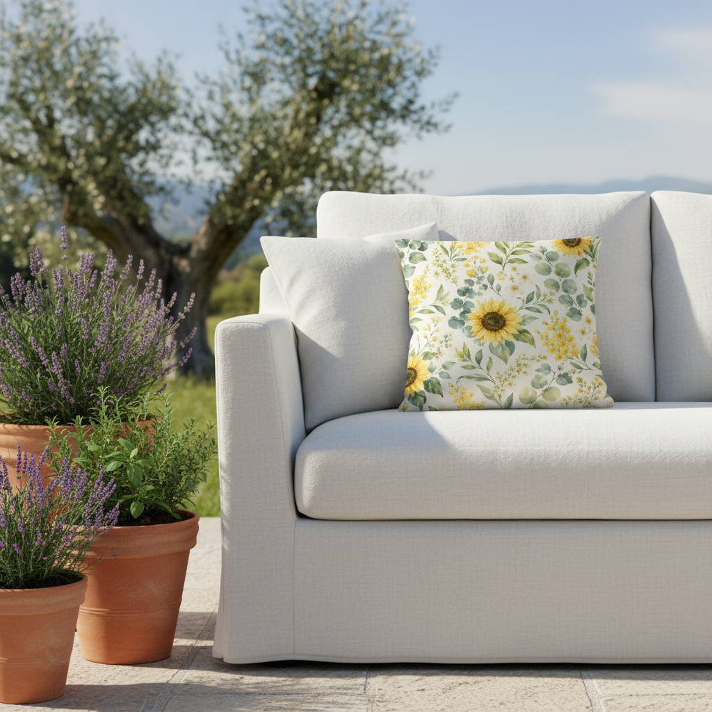 Square kissen mit aquarell sonnenblume und grünem blattmuster auf cremefarbenem grund für outdoor sofa