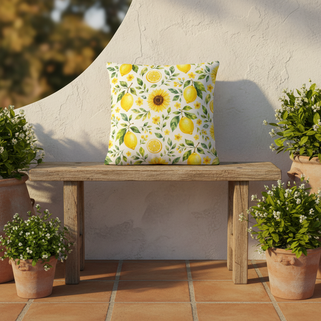 Vibrantes sommermotiv kissen mit sonnenblumen- und zitronenmuster in gelb und grün auf rustikalem holzbank