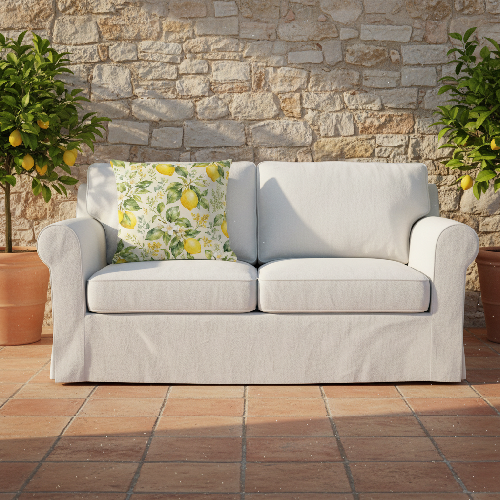 Ein hellgraues bezogenes loveseat mit einem sonnblumenmuster kissen und formstabiler füllung