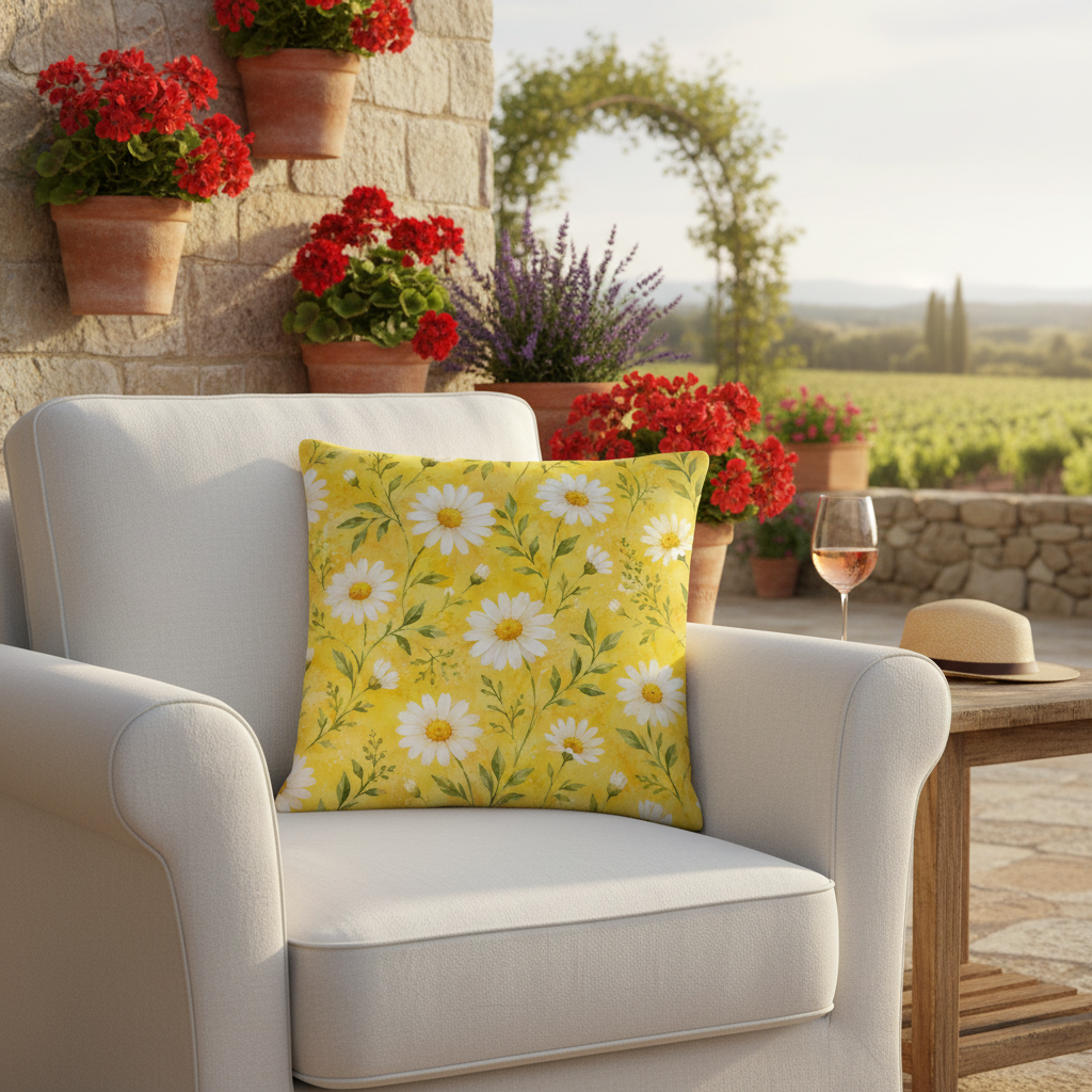 Gelbes sommermotiv kissen mit weißen margeriten und grünen stielen dekoratives sonnenschein deko-kissen mit formstabiler füllung
