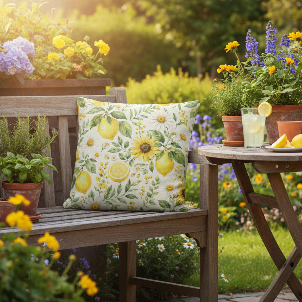 Sommermotiv kissen mit leuchtendem zitronen und sonnenblumenmuster auf weißem grund und formstabiler füllung