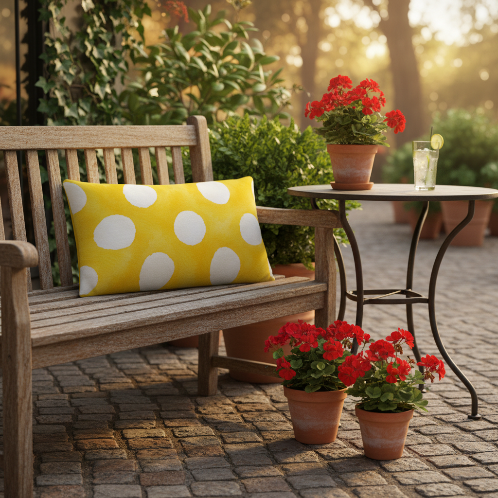 Gelbes sommermotiv kissen mit weißen polka dots und formstabiler füllung auf holzbank