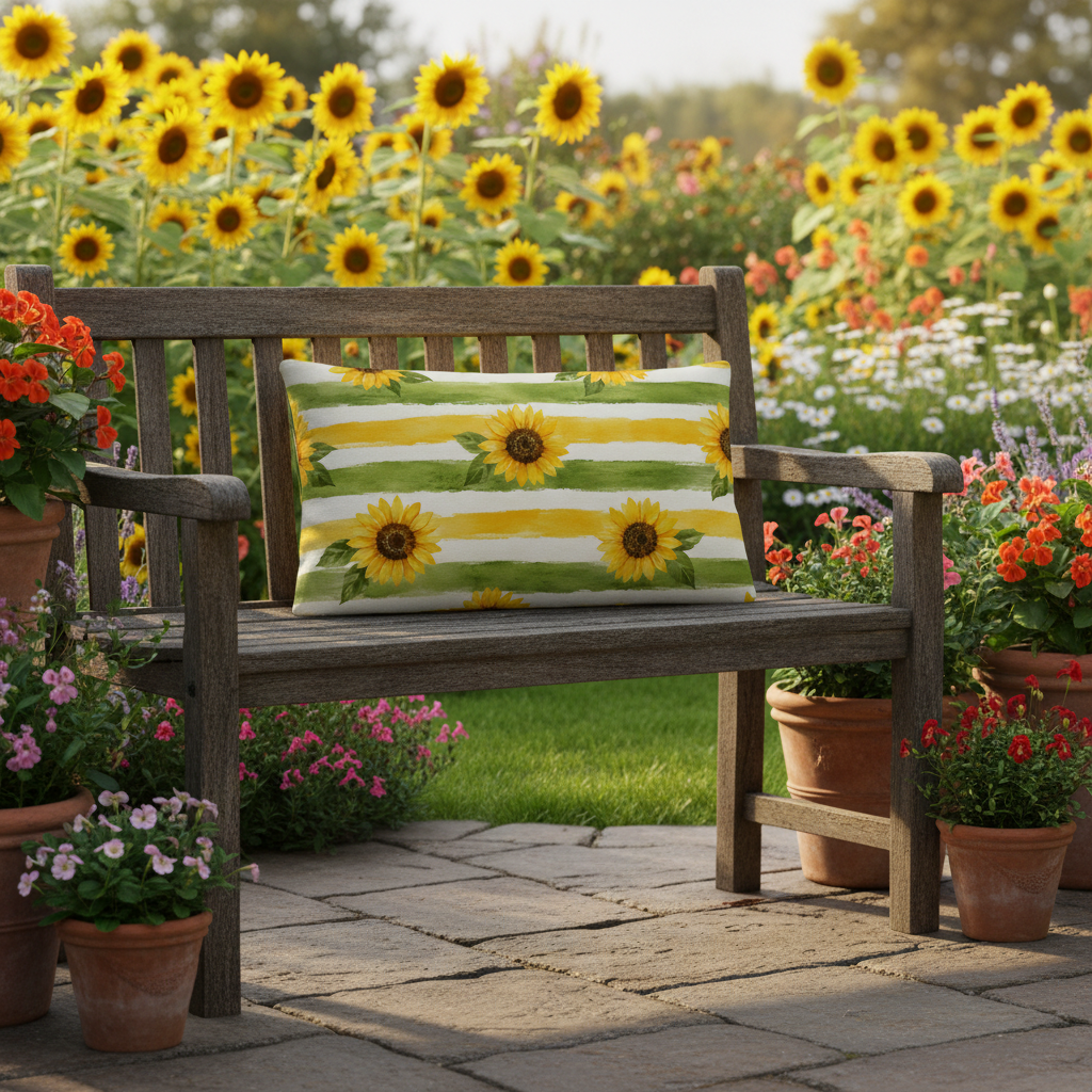 Ein rechteckiges sommermotiv kissen mit gelb grünen streifen und sonnenblumen auf einer holzbank