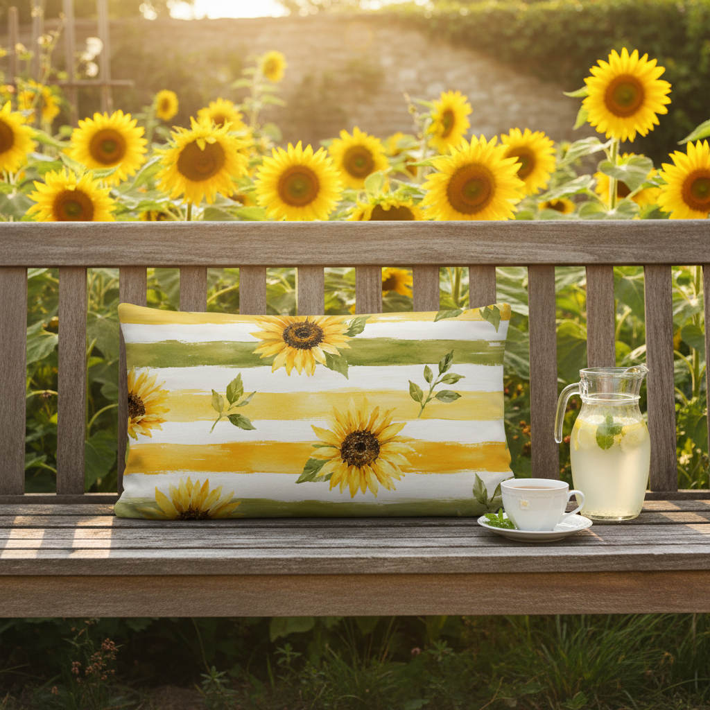 Sommermotiv kissen mit sonnenblumenmuster rechteckig gelb grün stoff mit formstabiler füllung und streifen