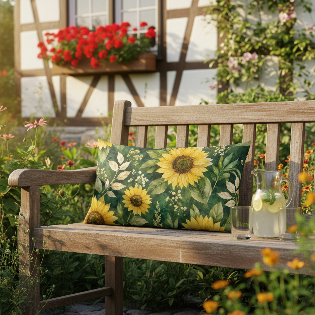 Rechteckiges sommermotiv kissen mit sonnenblume und weißen blüten auf dunkelgrünem hintergrund und formstabiler füllung