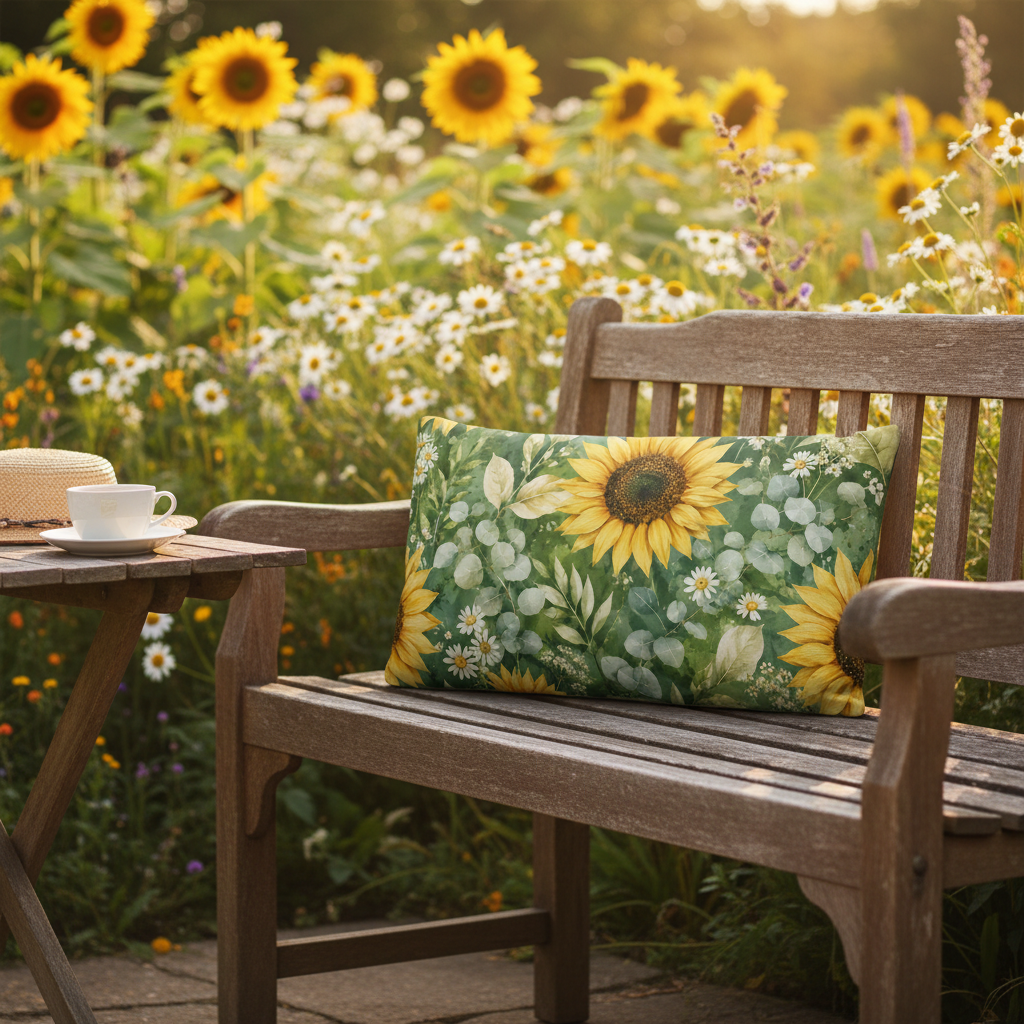 Grünes sommermotiv kissen mit lebhafter sonnenblume und floralem muster auf holzbank mit formstabiler füllung