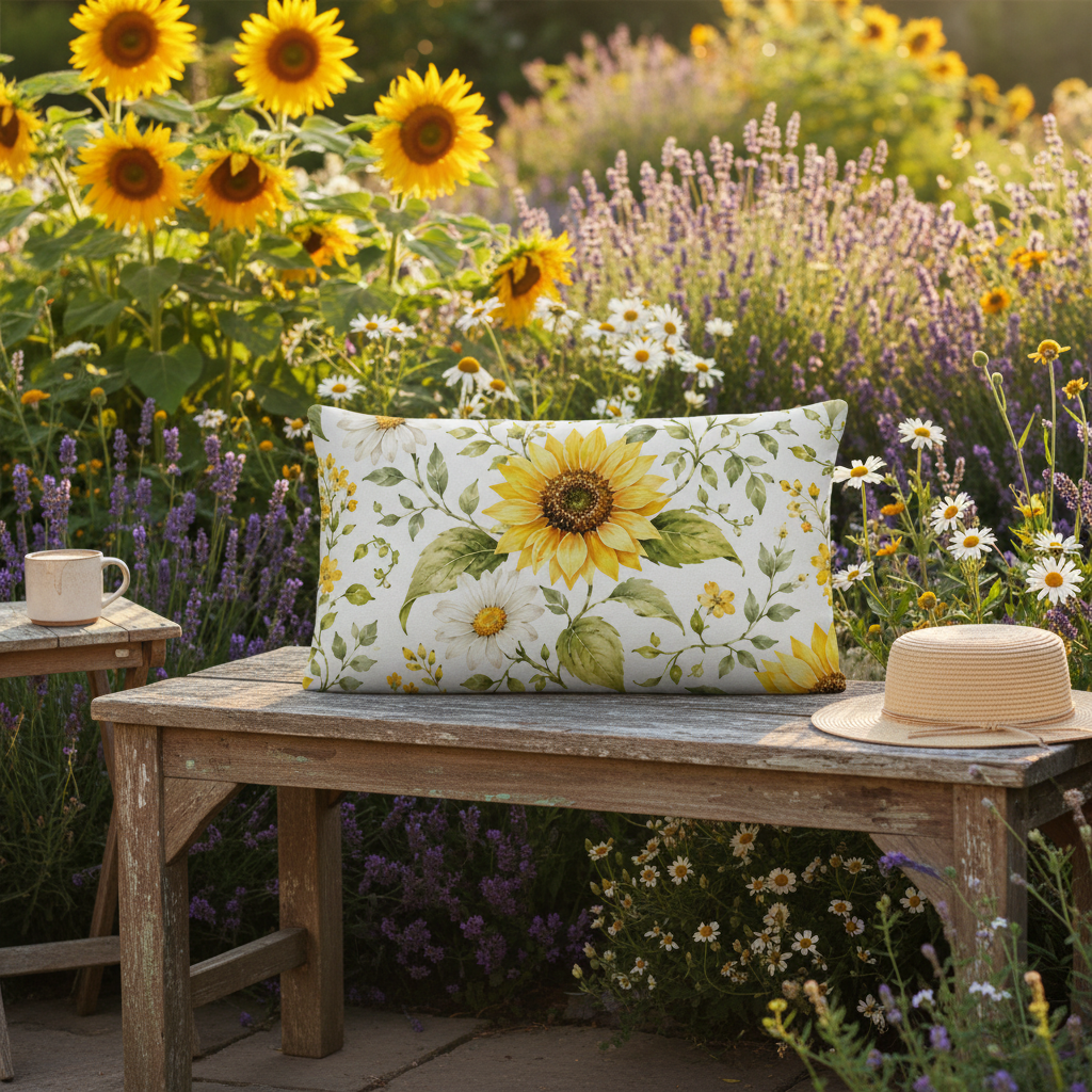 Rechteckiges sommermotiv kissen mit sonnenblumen und grünen blättern auf weißem grund auf einer rustikalen holzbank