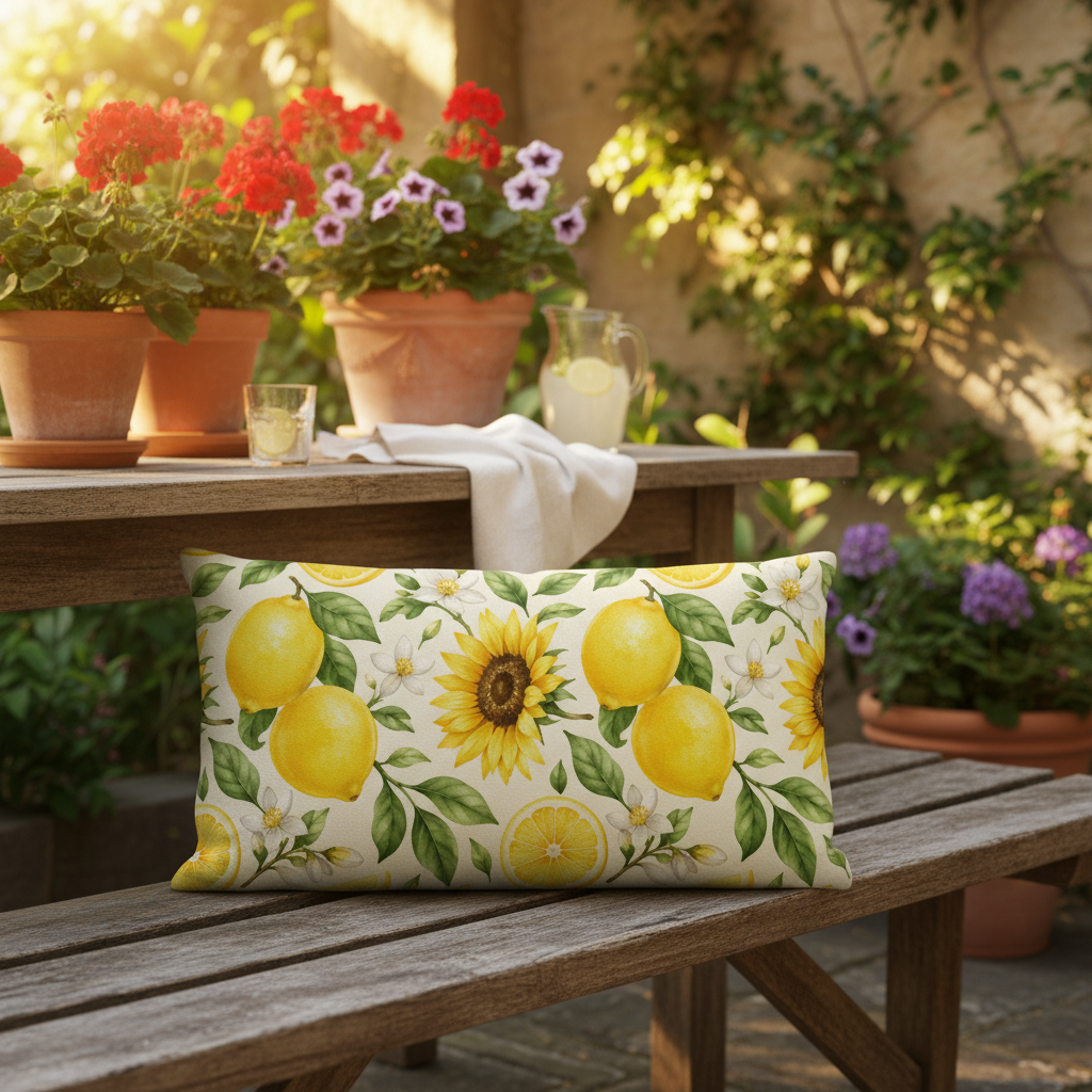 Ein rechteckiges outdoor-kissen sommermotiv kissen mit sonnblume muster in gelb auf cremefarbenem hintergrund