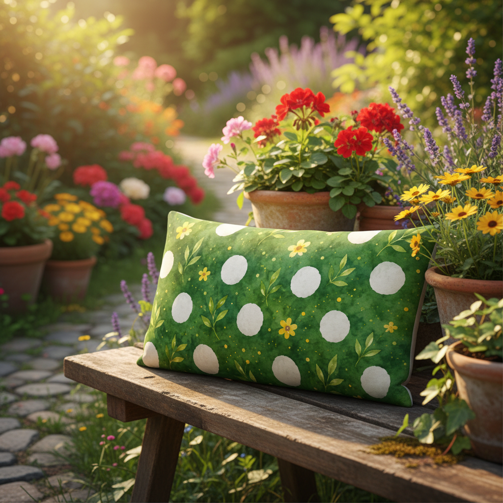 Sommermotiv kissen sonnenblume grün mit weißen punkten und gelben blumen auf holzbank mit formstabiler füllung