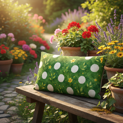 Sommermotiv kissen sonnenblume grün mit weißen punkten und gelben blumen auf holzbank mit formstabiler füllung