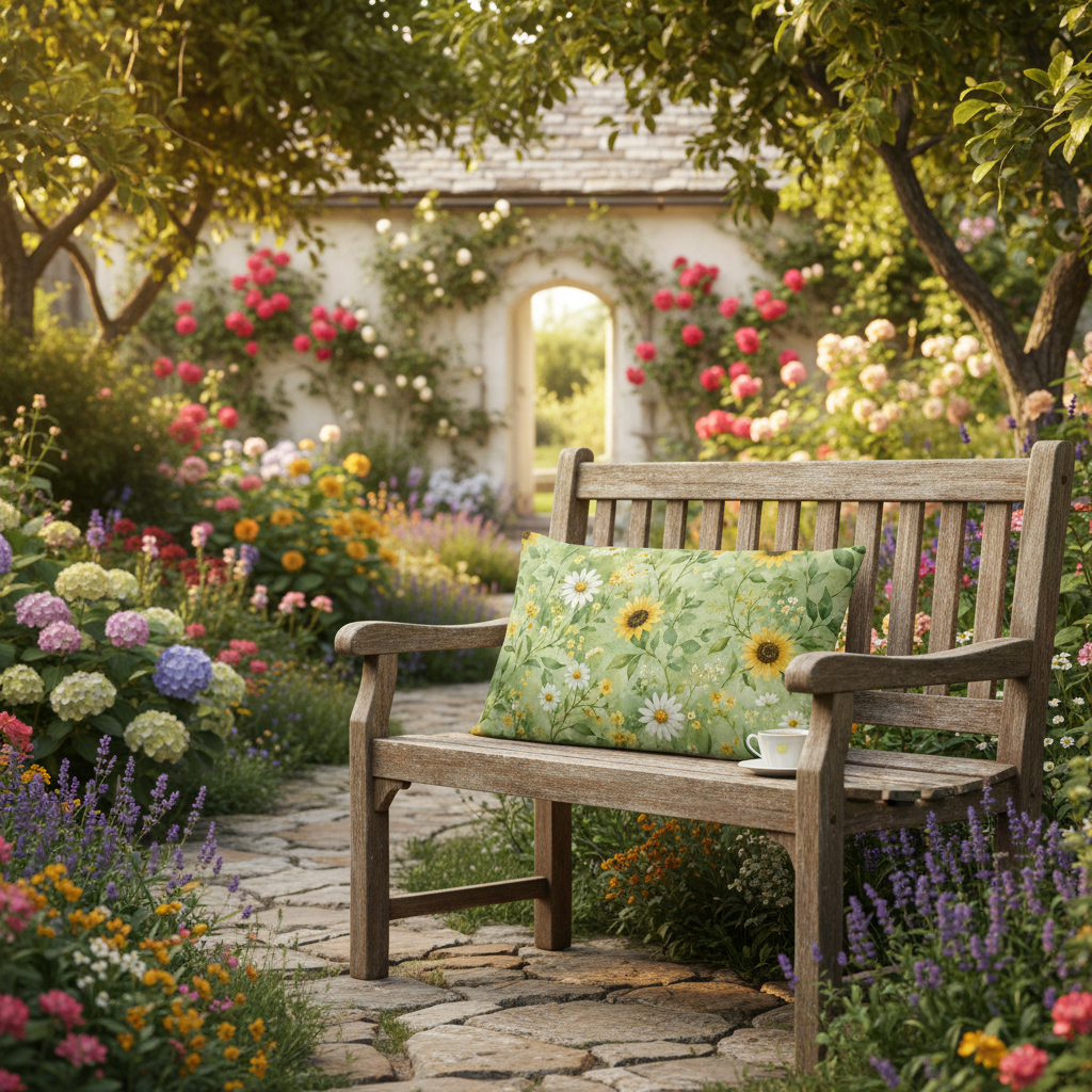 Ein sommermotiv kissen in grün mit sonnenblume und margeritenmuster liegt auf einer verwitterten holzbank