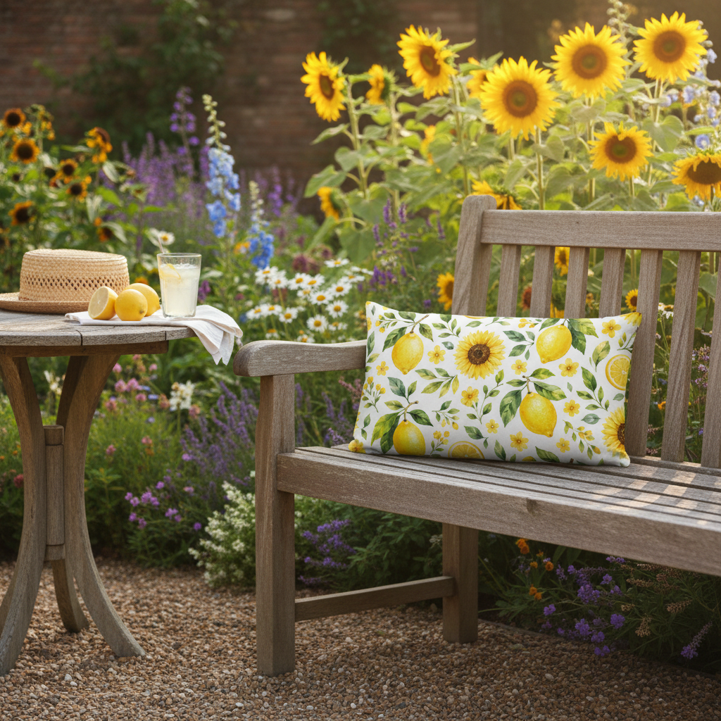 Sommermotiv kissen mit sonnenblume und zitronenmuster rechteckig aus weichem stoff mit formstabiler füllung