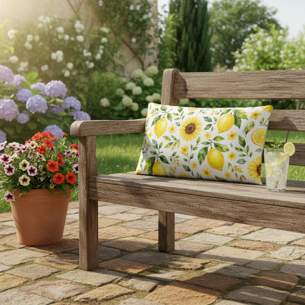 Sommermotiv kissen mit sonnblume und zitronenmuster auf weißem grundstoff mit formstabiler füllung für außenbereich