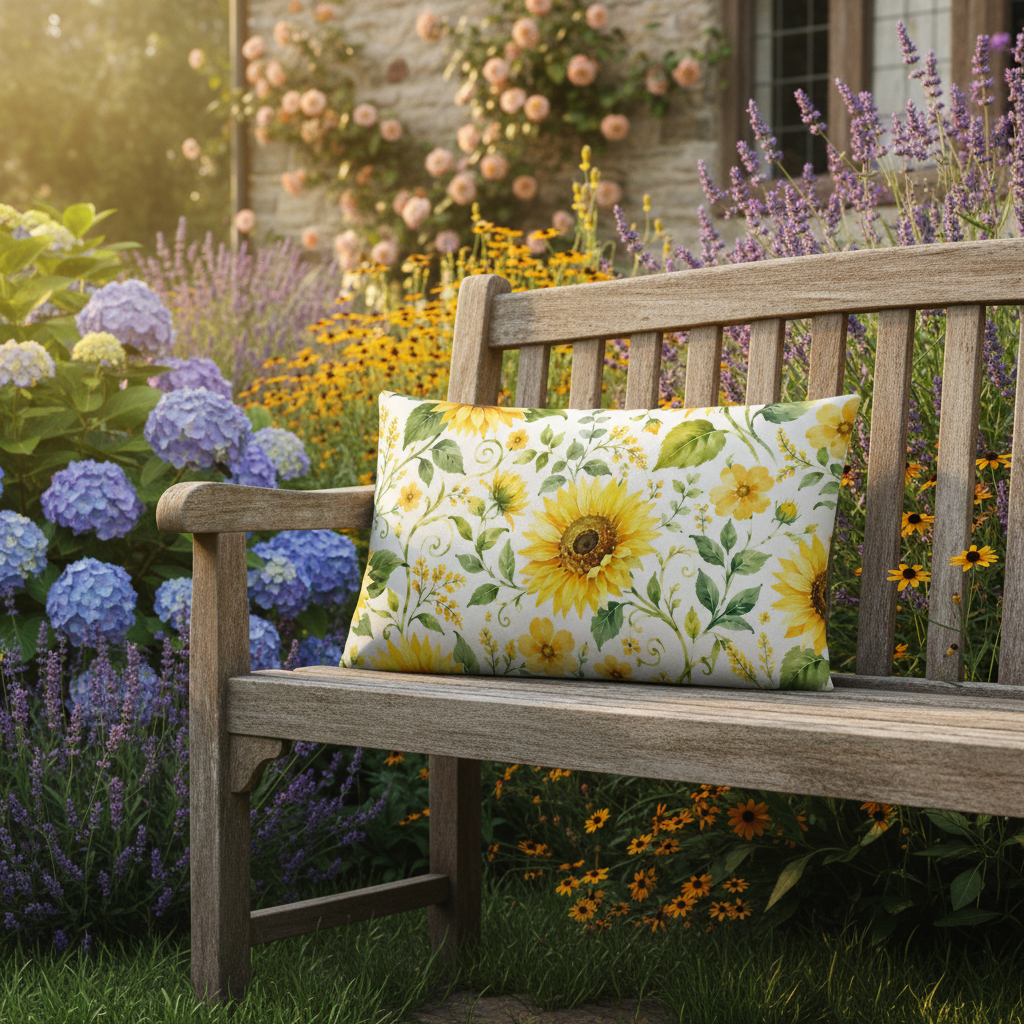 Rechteckiges sommermotiv kissen mit sonnenblumenmuster in leuchtendem gelb und grün auf weißem hintergrund