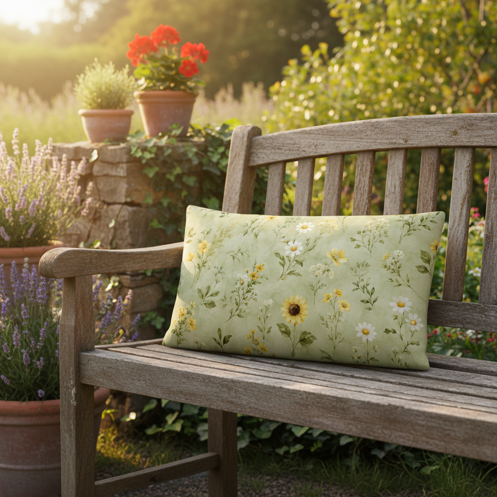 Rechteckiges sommermotiv kissen in hellgrün mit sonnenblumen und gänseblümchen floraler muster und formstabiler füllung