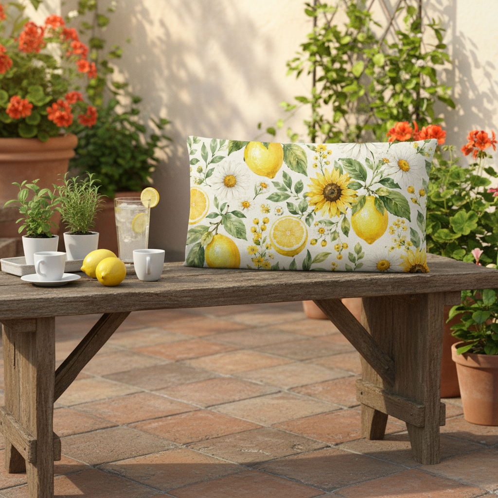 Sommermotiv kissen mit sonnenblume und zitronen muster aquarell design weiße hauptfarbe formstabile füllung