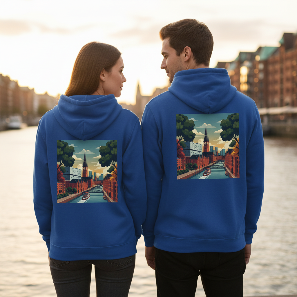 Royalblauer hoodie mit nachhaltigem reißverschluss und lebendigem städte-illustrationdruck auf der rückseite