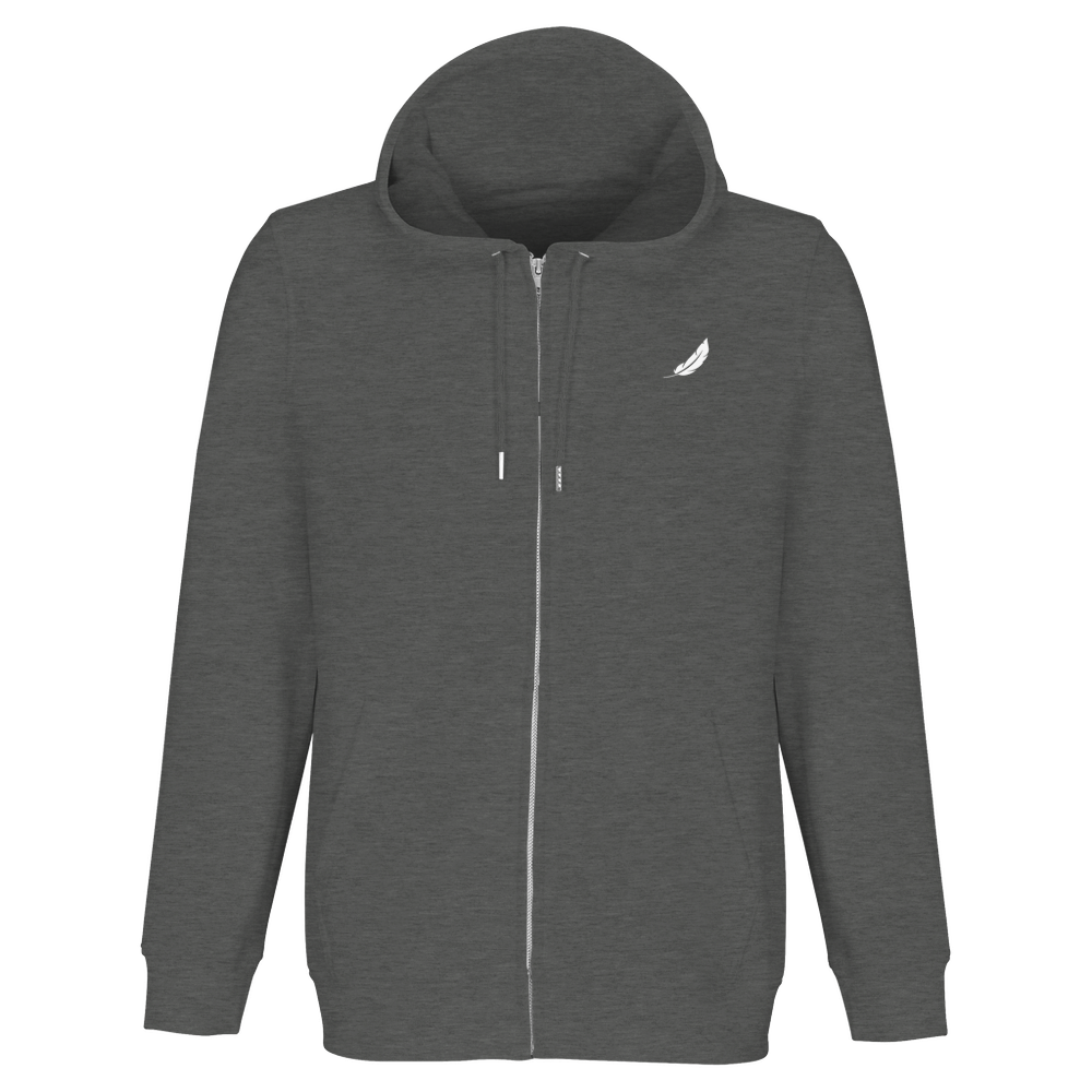 Dunkelgrauer zip-up hoodie mit weißem federlogo und nachhaltigem reißverschluss städte-hoodie deutscher humor backprint