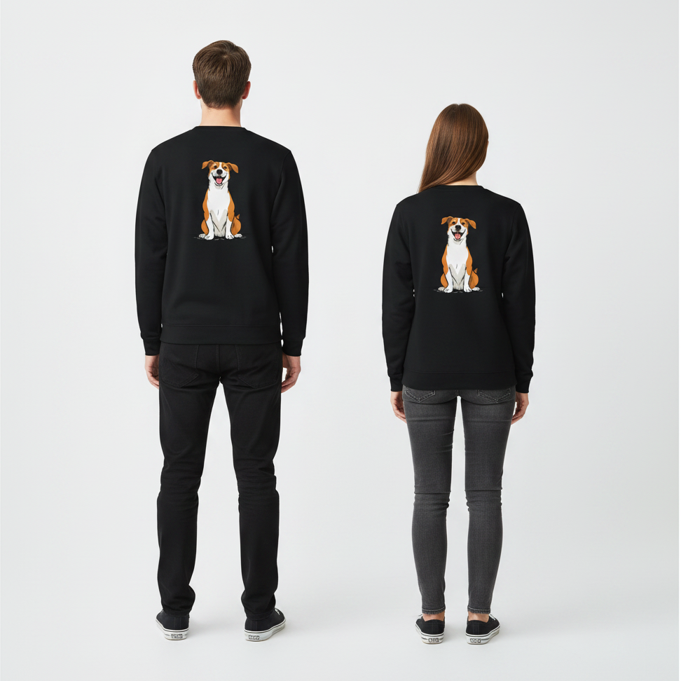 Schwarzer sweatshirt mit langärmel und bunter cartoon-hundillustration auf der rückseite vintage comic pullover