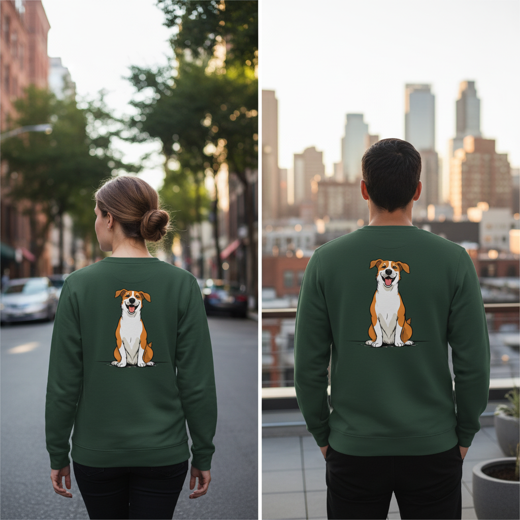 Dunkelgrüner vintage comic pullover mit langärmeln und cartoonillustration eines lächelnden hundes auf der rückseite