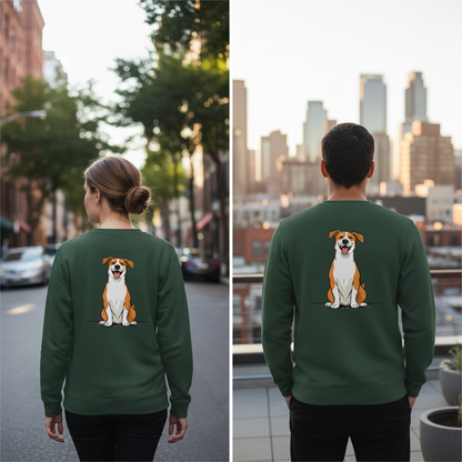 Dunkelgrüner vintage comic pullover mit langärmeln und cartoonillustration eines lächelnden hundes auf der rückseite
