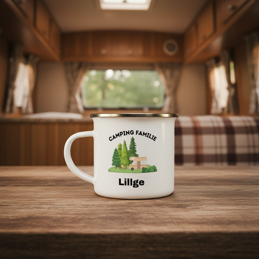 Personalisierte Camping Tasse für Familien - Emaille Becher mit Camping Motiv - Individuelles Geschenk für Camper & Abenteurer