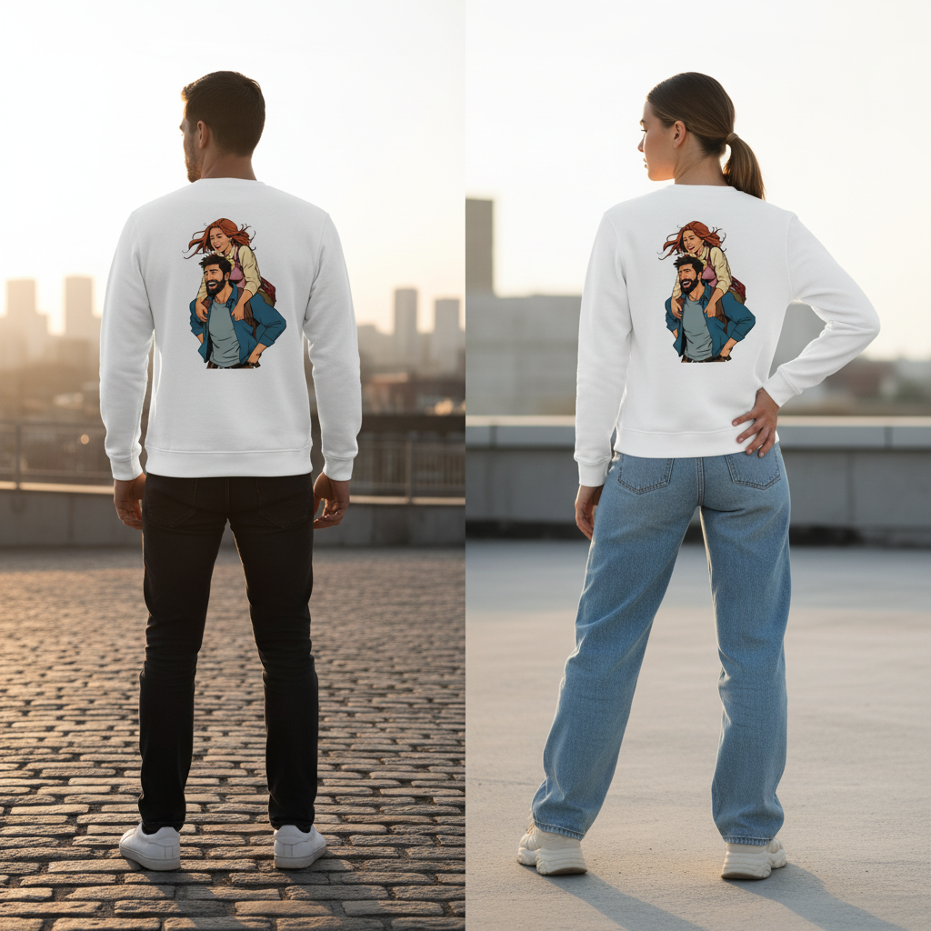 Weißer crewneck sweatshirt mit buntem cartoon-motiv eines mannes, der eine frau auf den schultern trägt, rückseite, vintage comic pullover für alltag und style