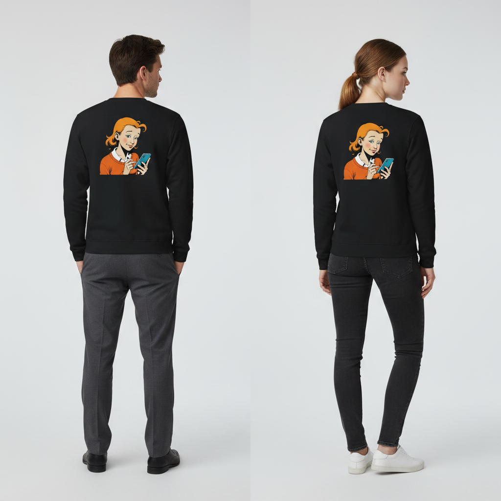 Schwarzer langarm vintage comic pullover mit orangem haar frau und blauem telefon für alltag und style