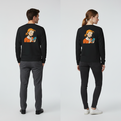 Schwarzer langarm vintage comic pullover mit orangem haar frau und blauem telefon für alltag und style