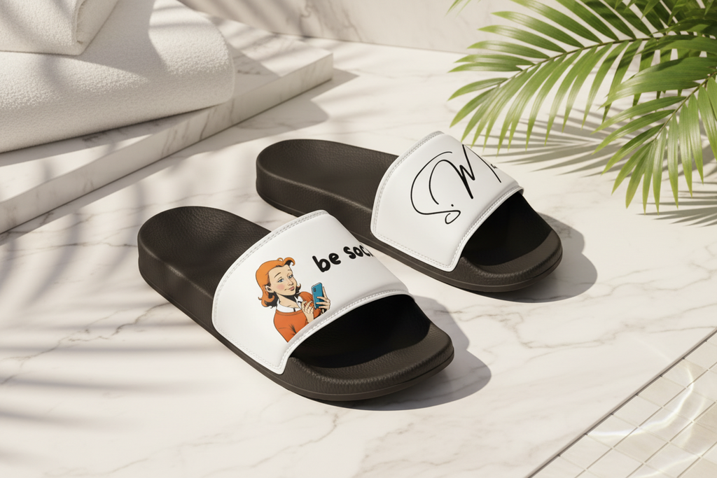 White and black women's padded bath slippers by flyliving, with a retro woman and 'be soc' on one strap, and an abstract signature on the other.