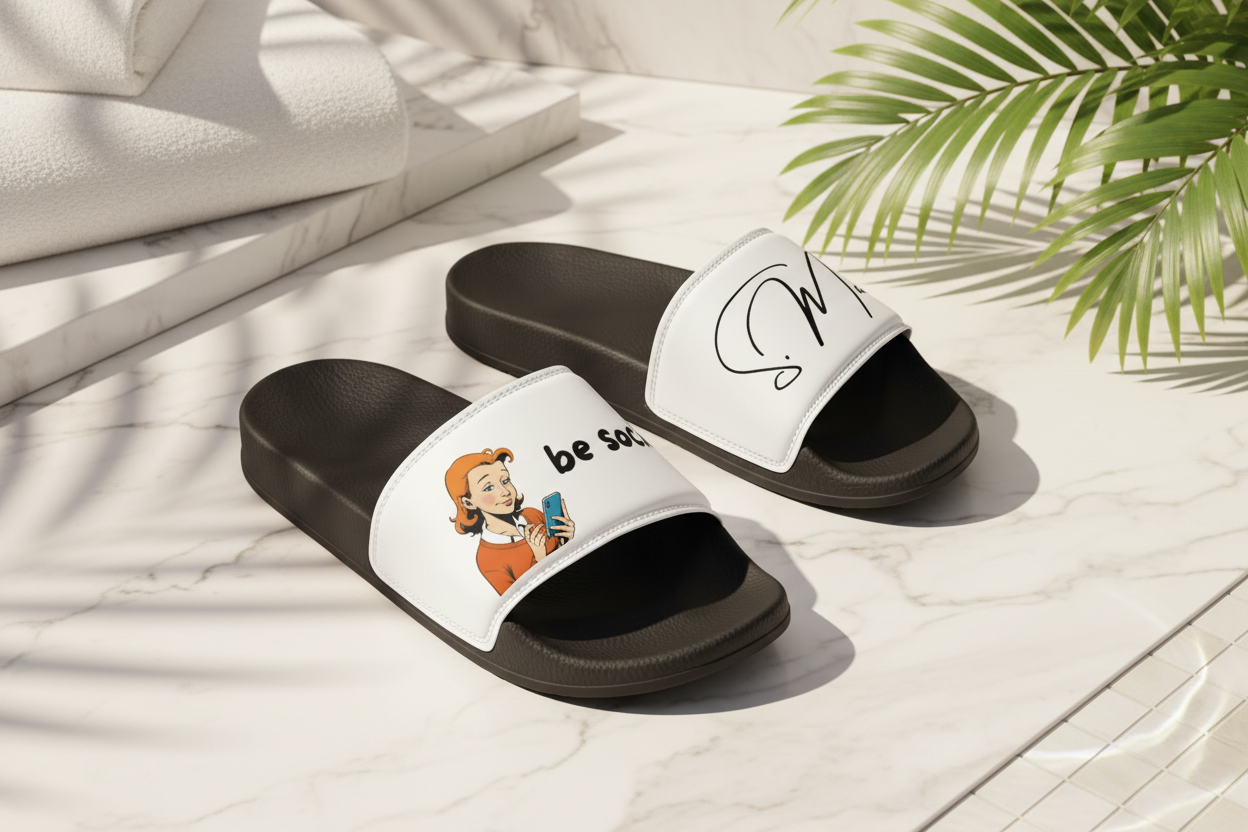 White and black women's padded bath slippers by flyliving, with a retro woman and 'be soc' on one strap, and an abstract signature on the other.