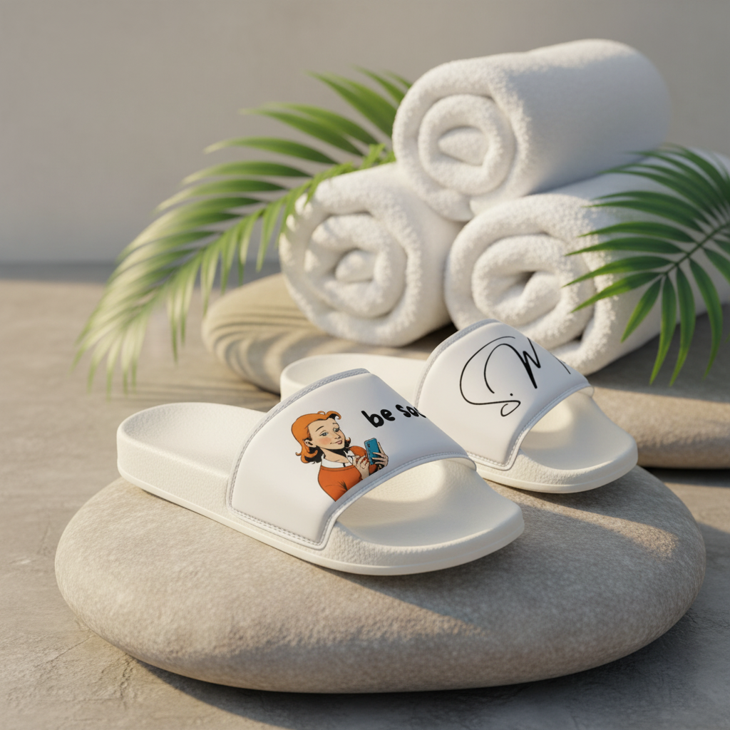 Padded white women's slides by flyliving, featuring a nostalgic comic motif and cursive script, arranged on grey stones with rolled white towels.